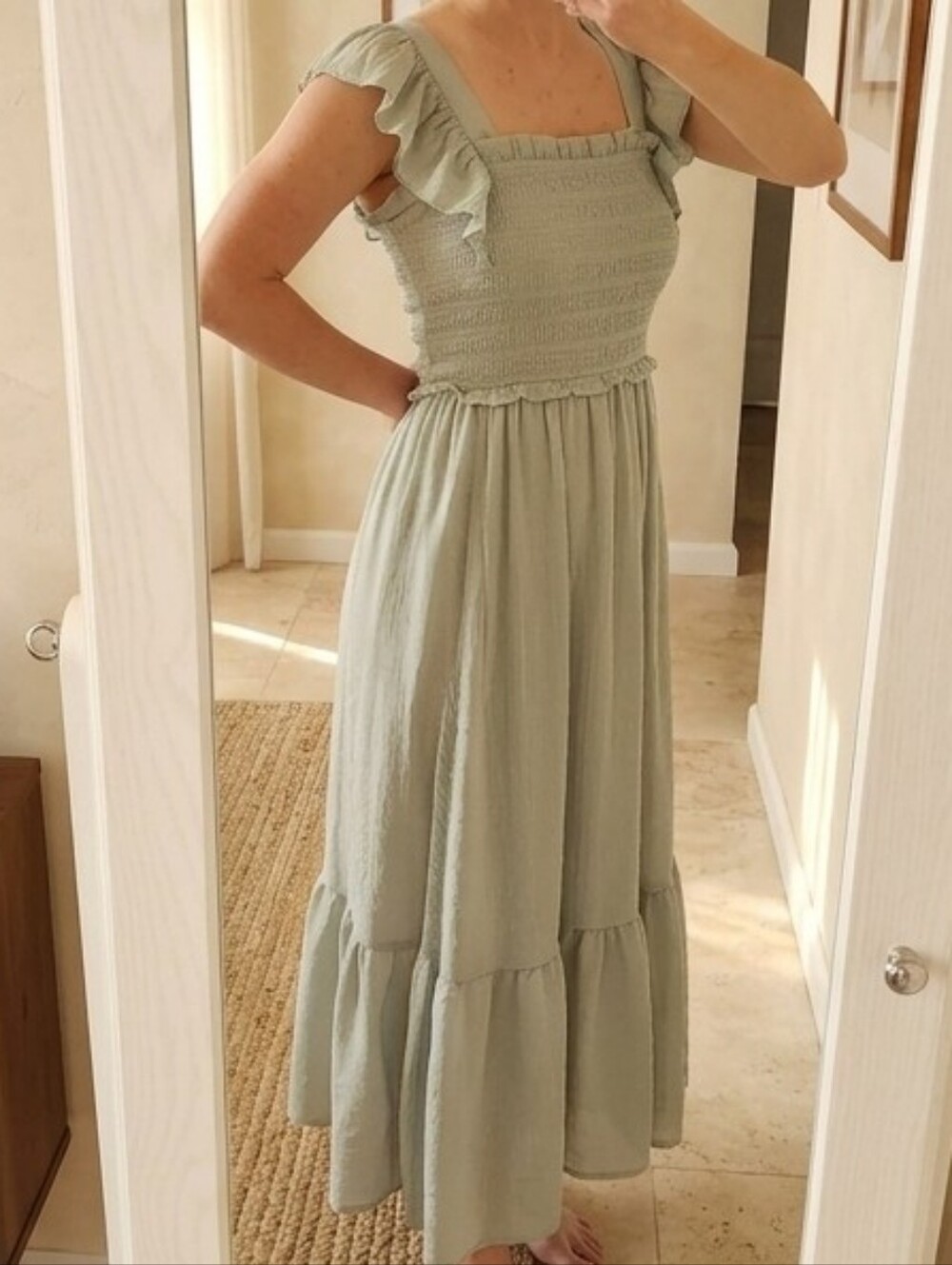 Romantic Sage Smocked Maxi Dress w Ruffle Sleeves Size Large Off Shoulder